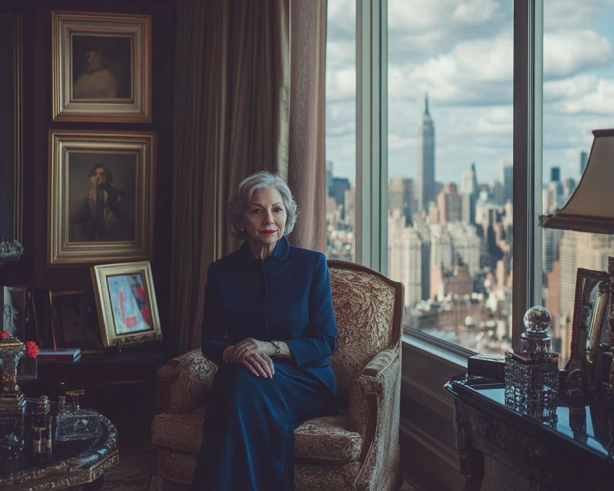 Wealthy older woman in Manhattan sitting on expensive furniture