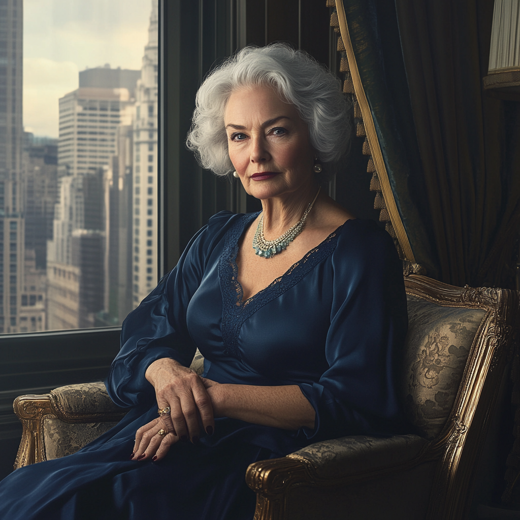 Wealthy older woman in dark blue, classy and rich.