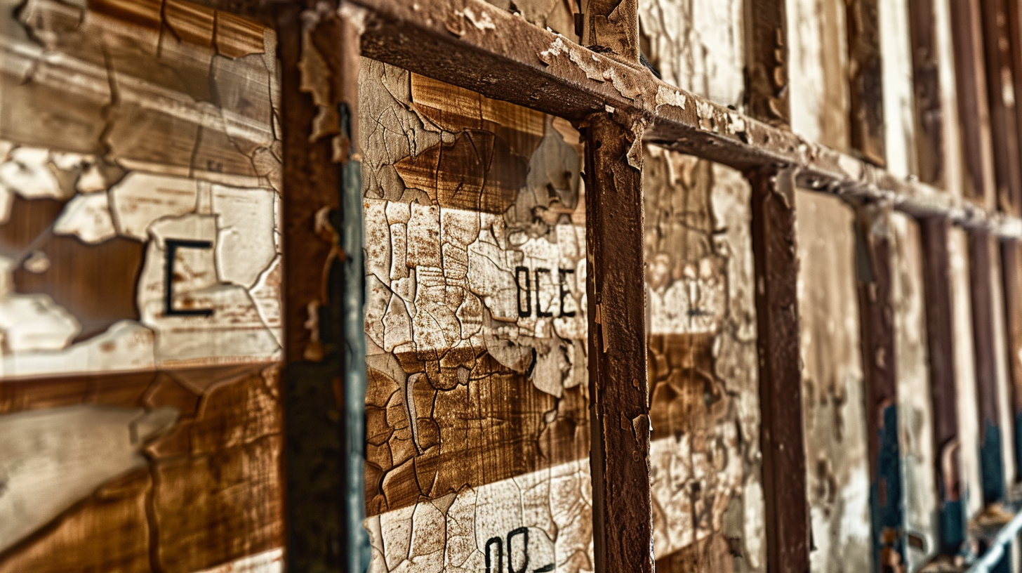 Weathered backdrop with height markings, focus on textures and wear.