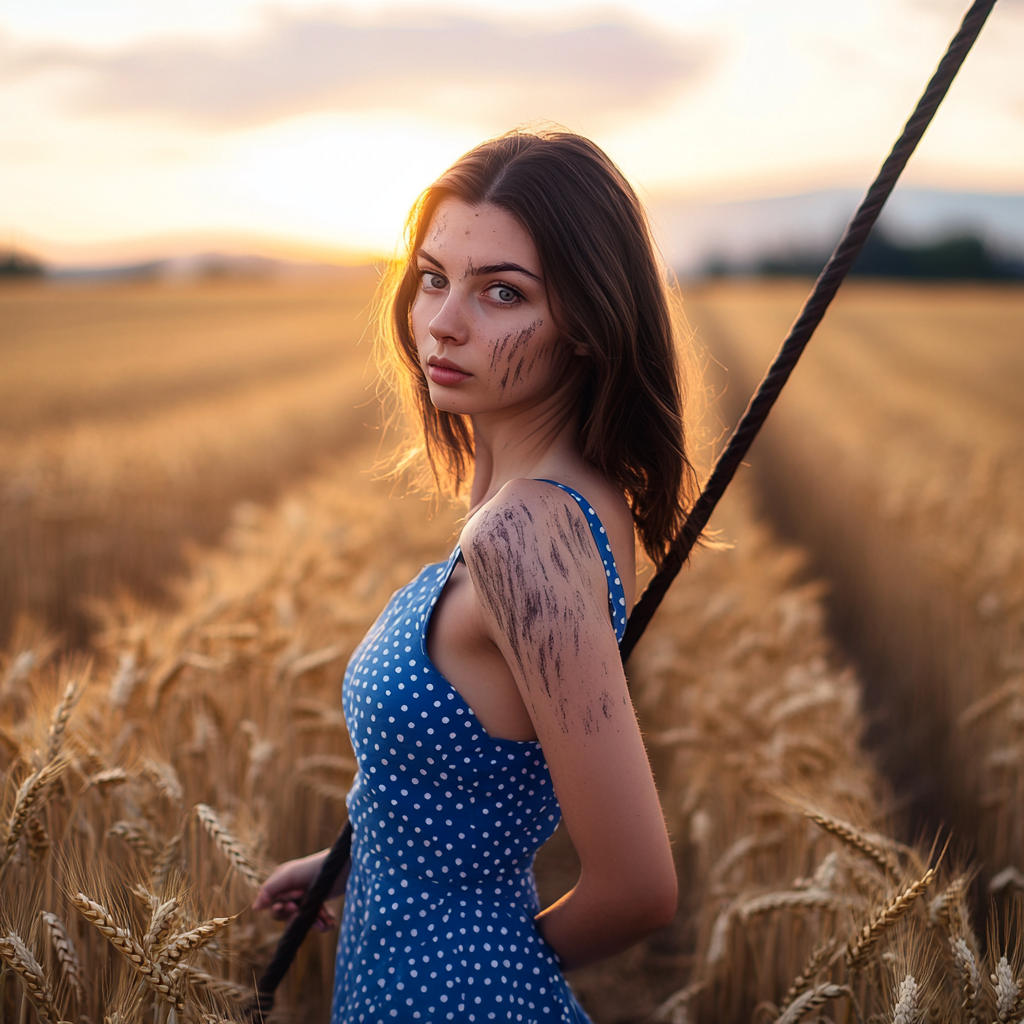 Weathered brunette woman in blue sundress in wheat field.