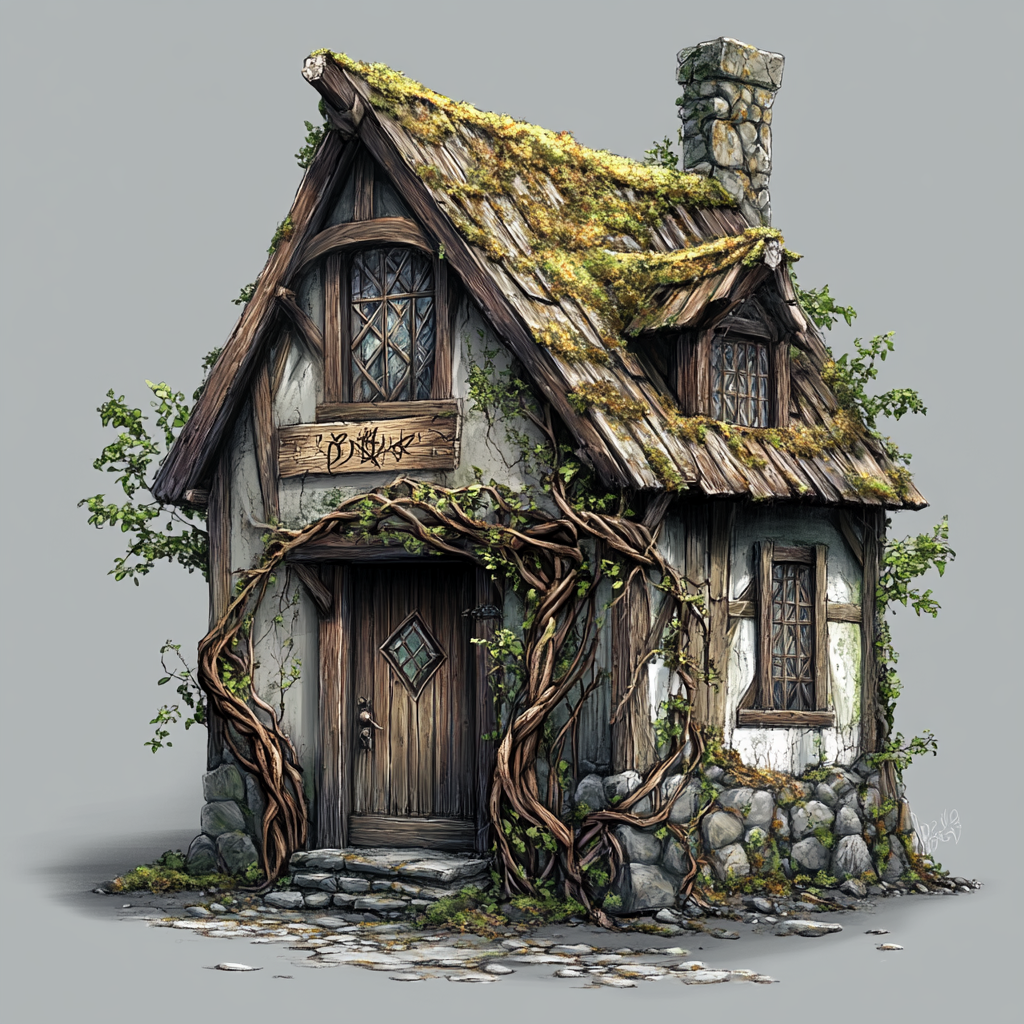 Weathered building with mossy roof, vines, and herbal scents.