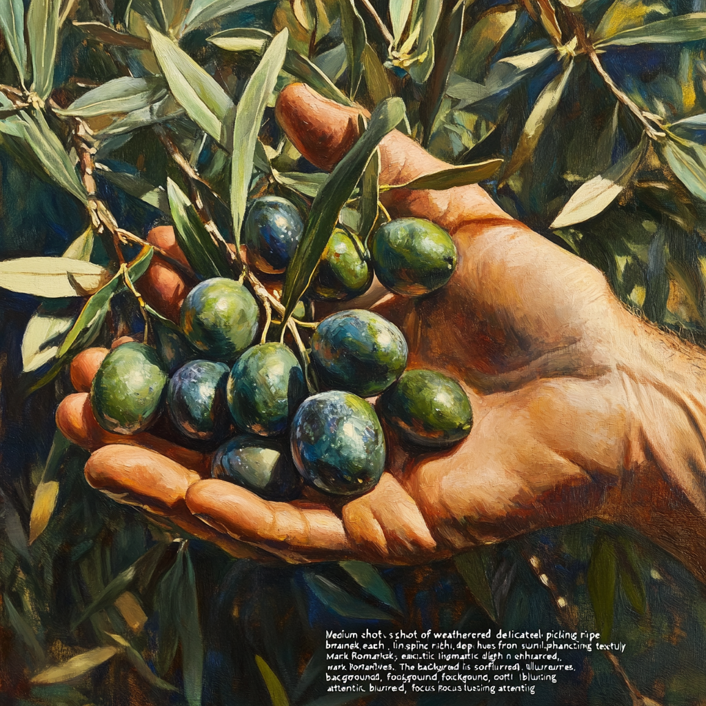 Weathered hands picking green olives under sunlight carefully