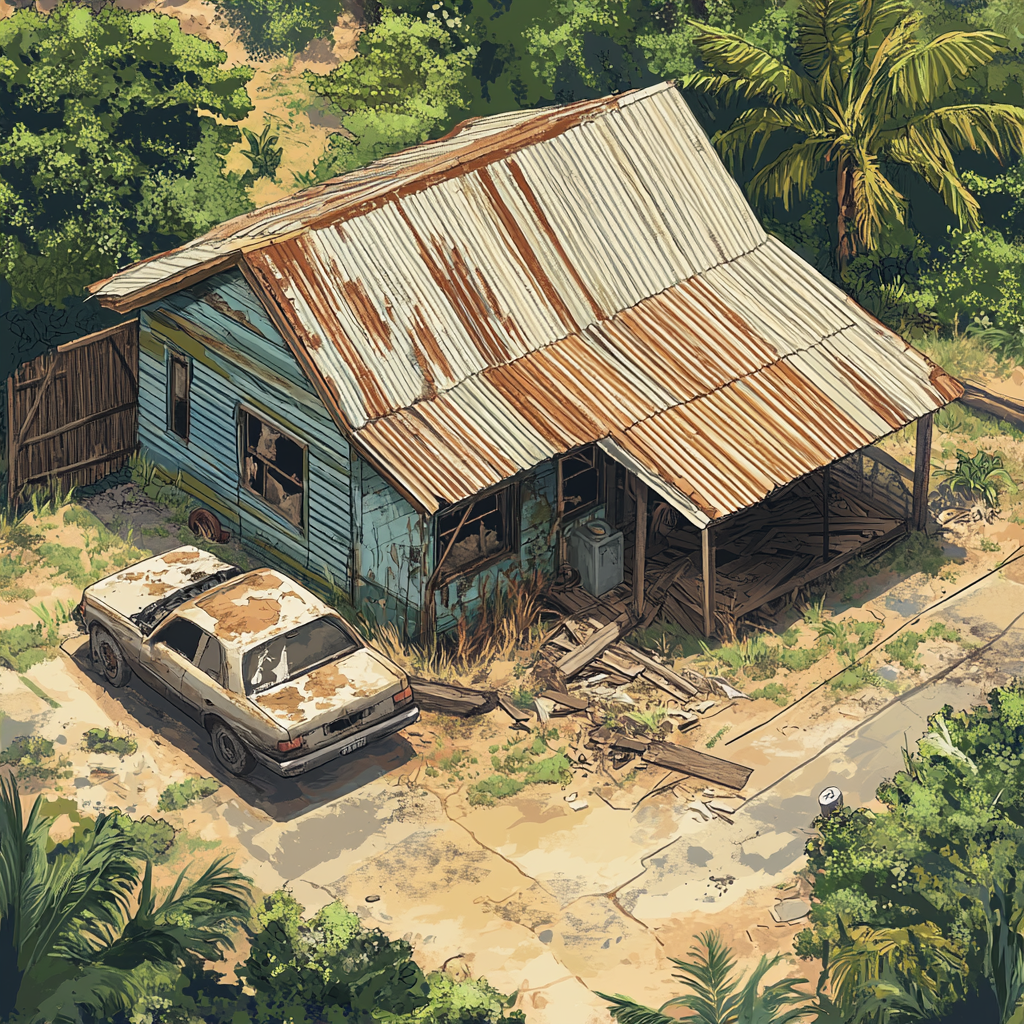 Weathered home in Hawaii with chicken coop and Toyota.