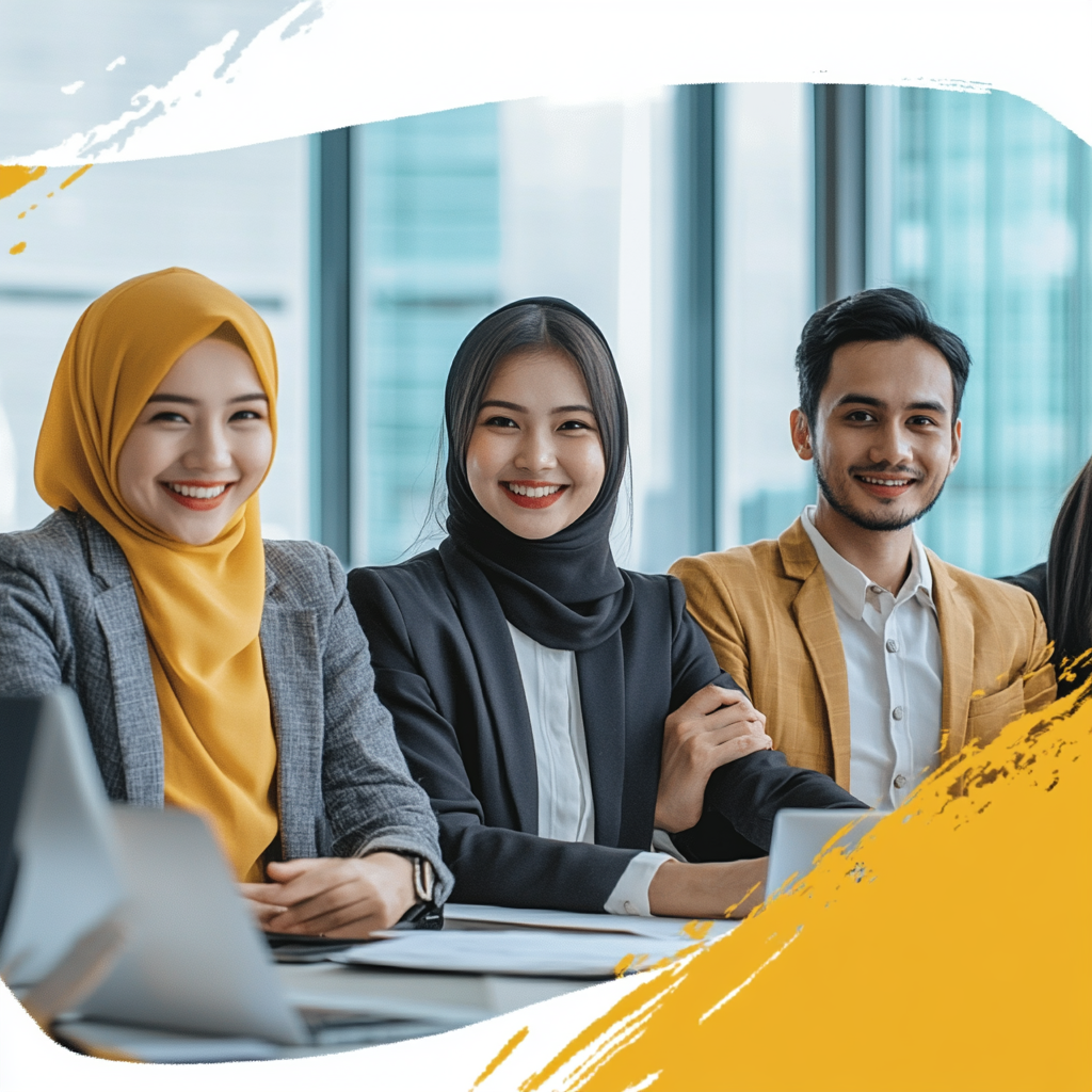 Website banner with young Malay entrepreneur and colleagues.