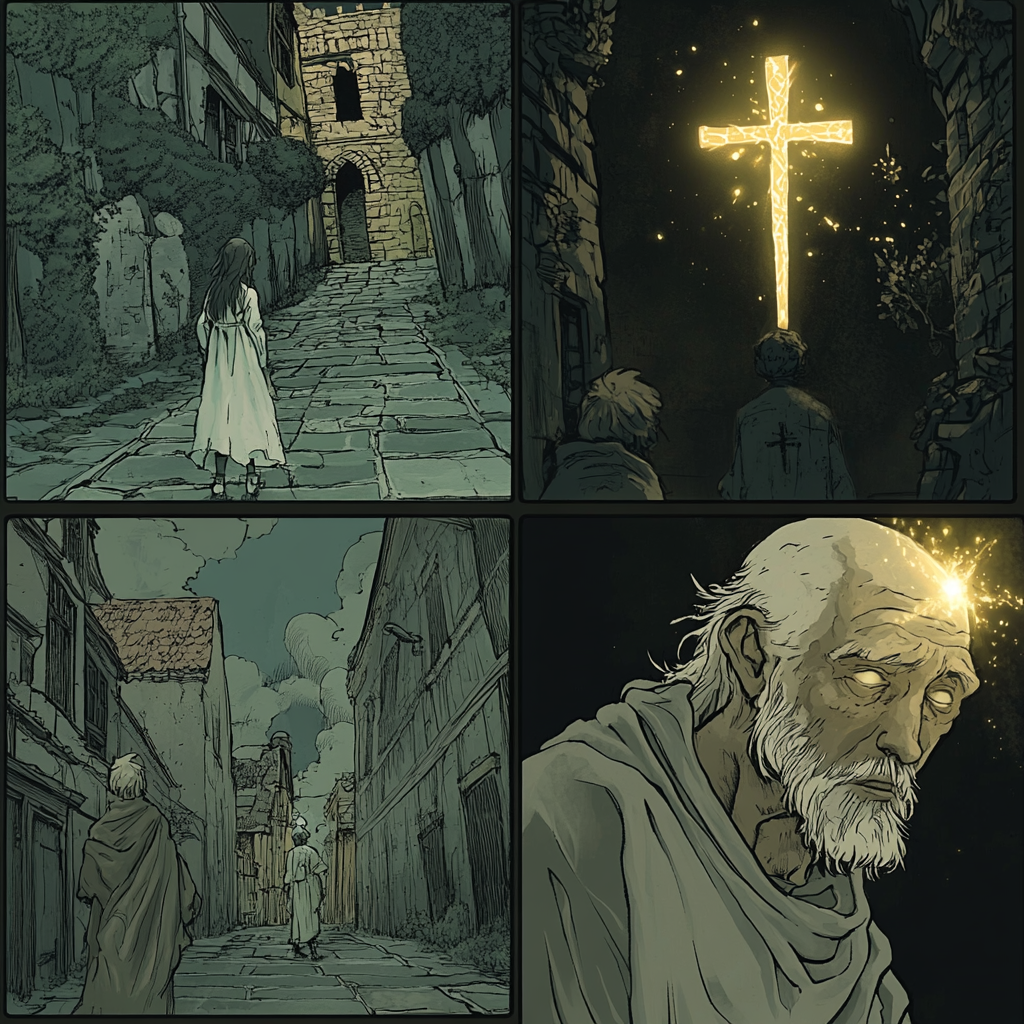 Webtoon Scene: Monet Style, Girl, Old Man, Cross.