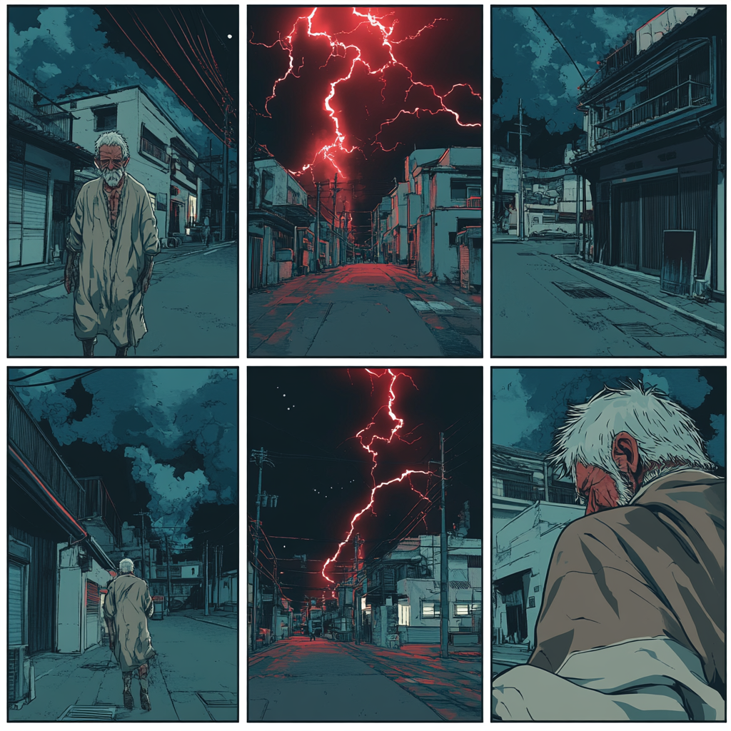 Webtoon Scene: Old Man, Beggars, Red Lightning, Night Street