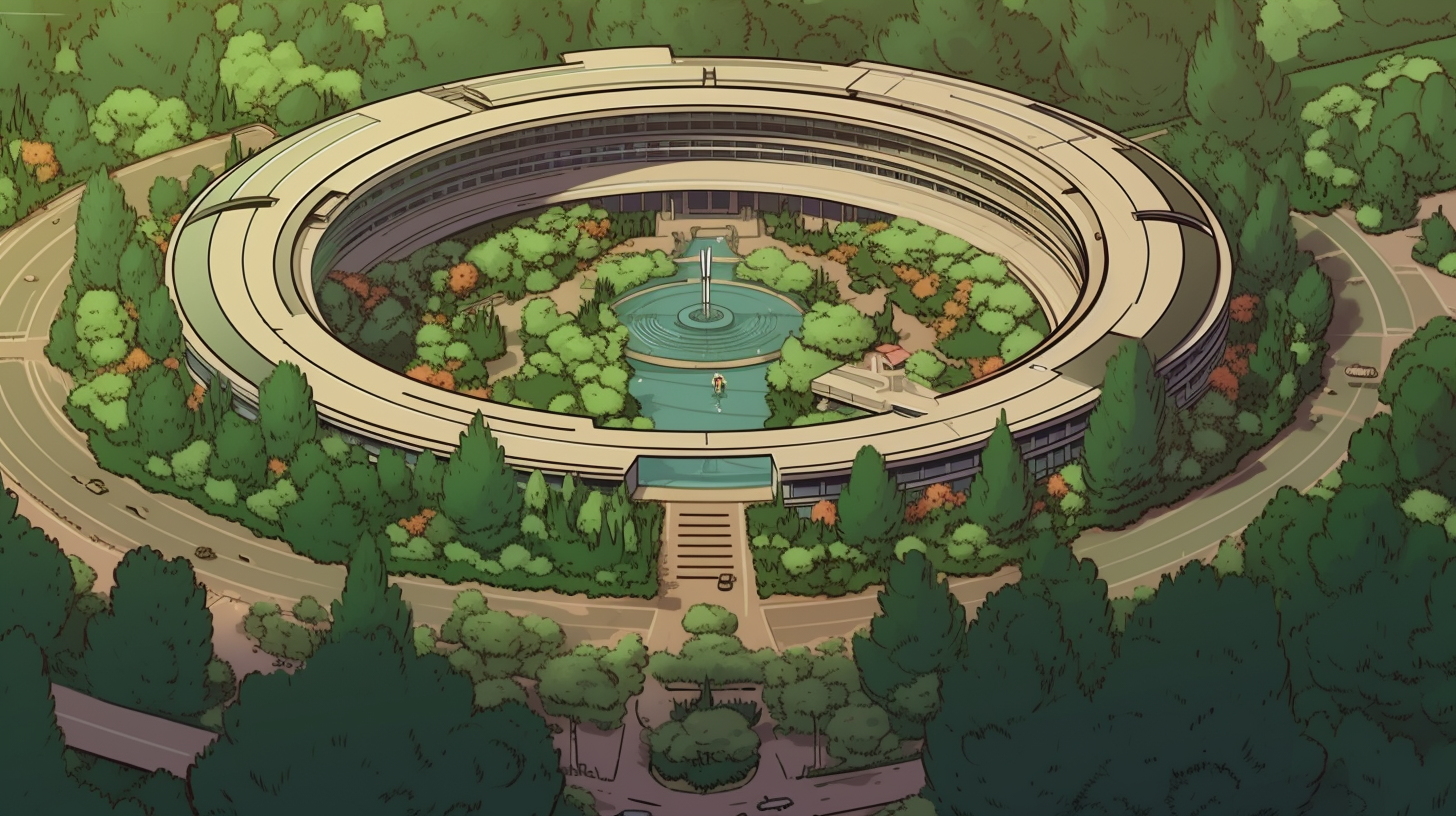 Webtoon-style illustration of Apple Park with vibrant colors.