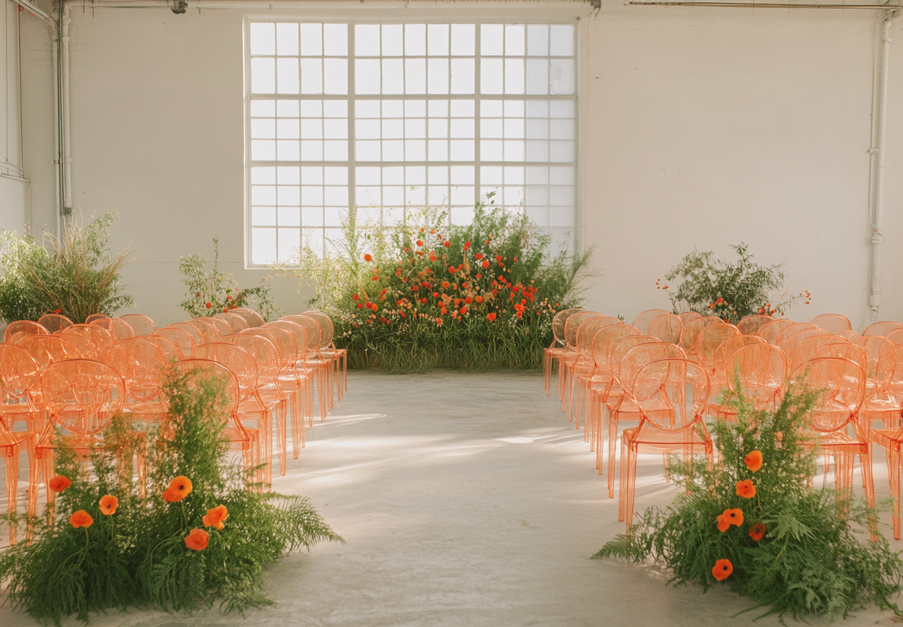 Wedding Decor with Orange Flowers in Old Warehouse