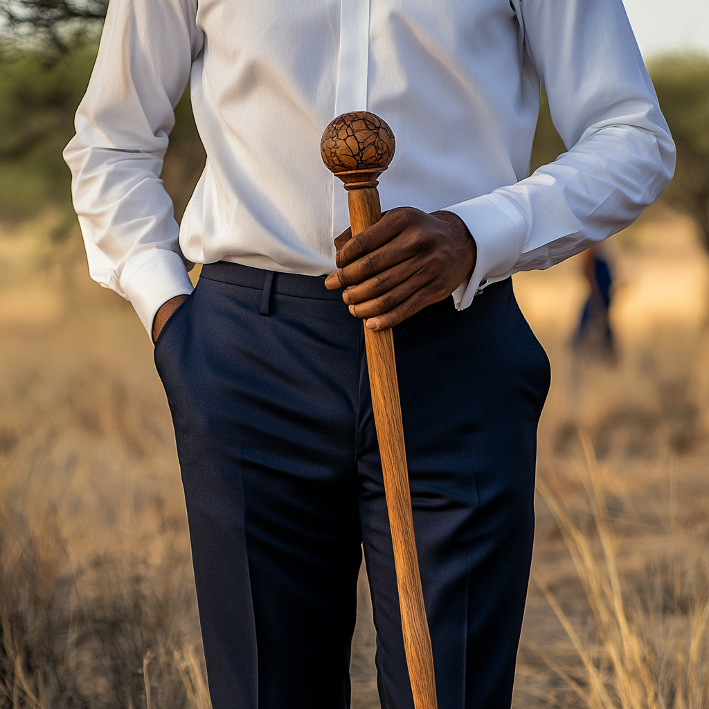 Wedding groom in Botswana, holding wooden staff, modern.