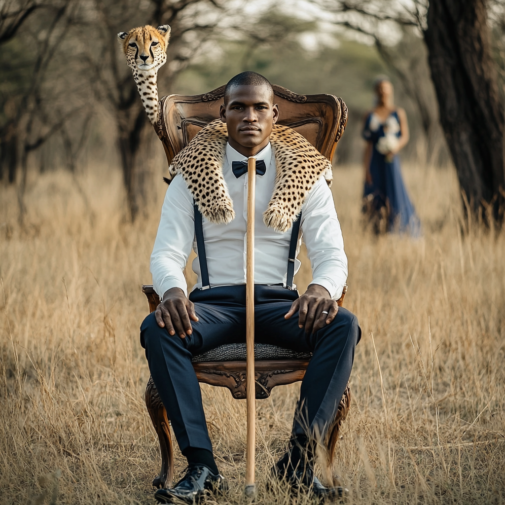 Wedding groom in Botswana holding wooden staff.