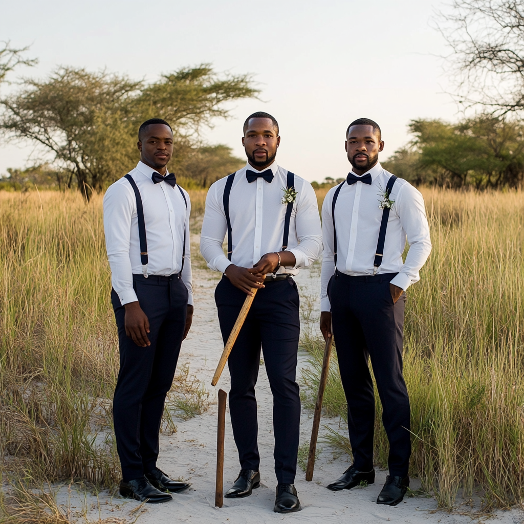 Wedding groom with groomsmen in Botswana, stylish attire.