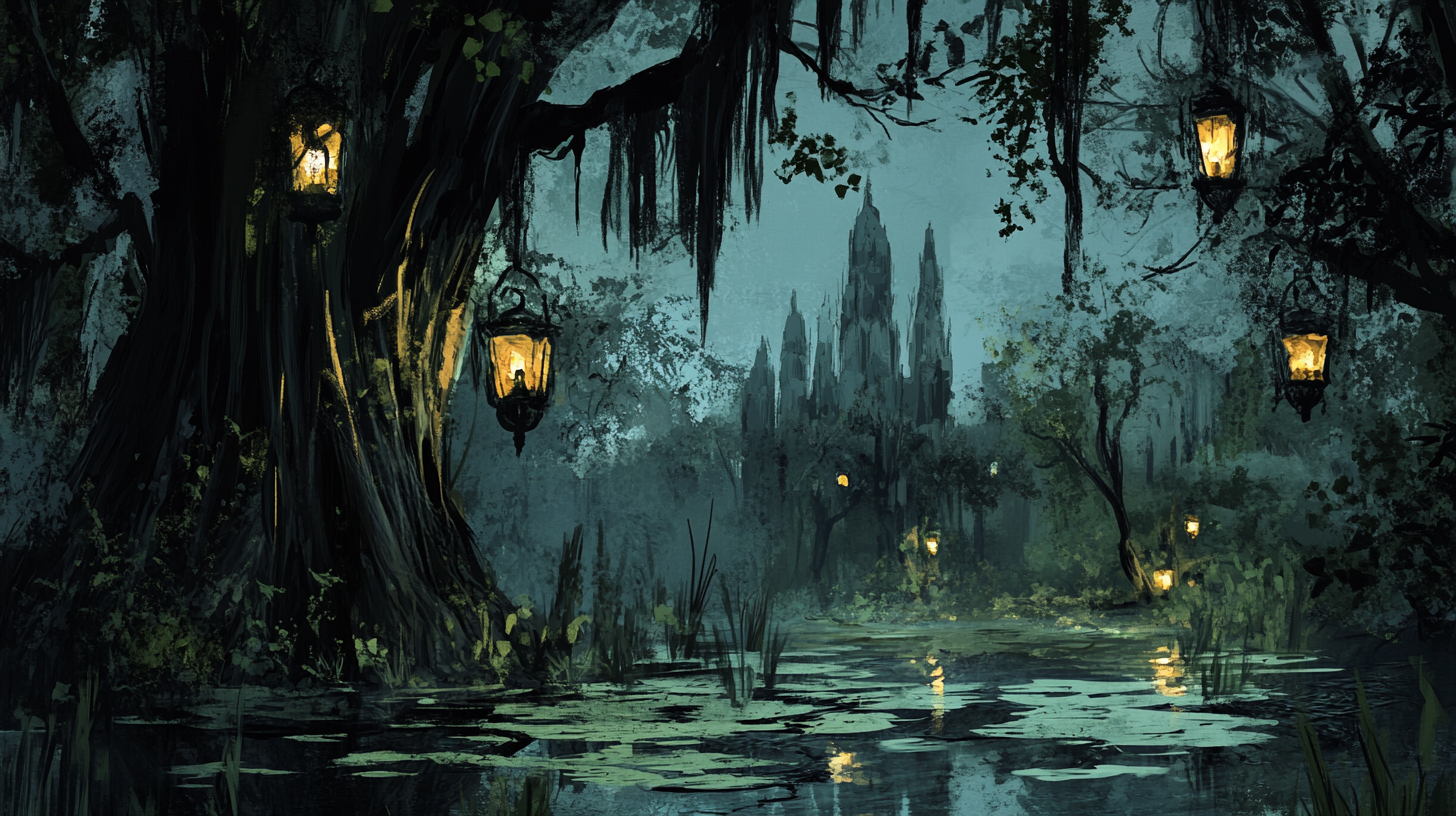 Wedding scene sketch in cypress swamp mixed with cathedral.