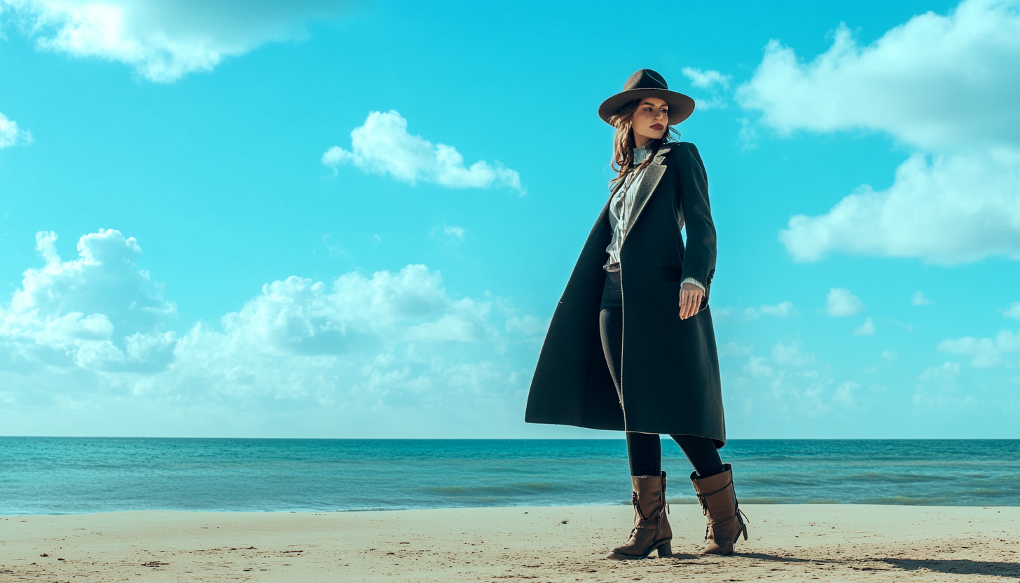 Well dressed lawyer in coat on beach