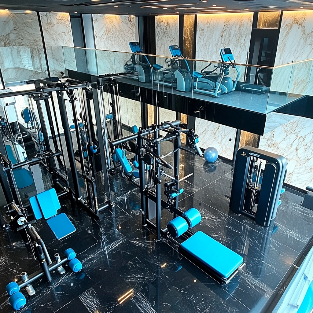 Well-equipped gym with mezzanine, nautilus equipment, black marble floor.