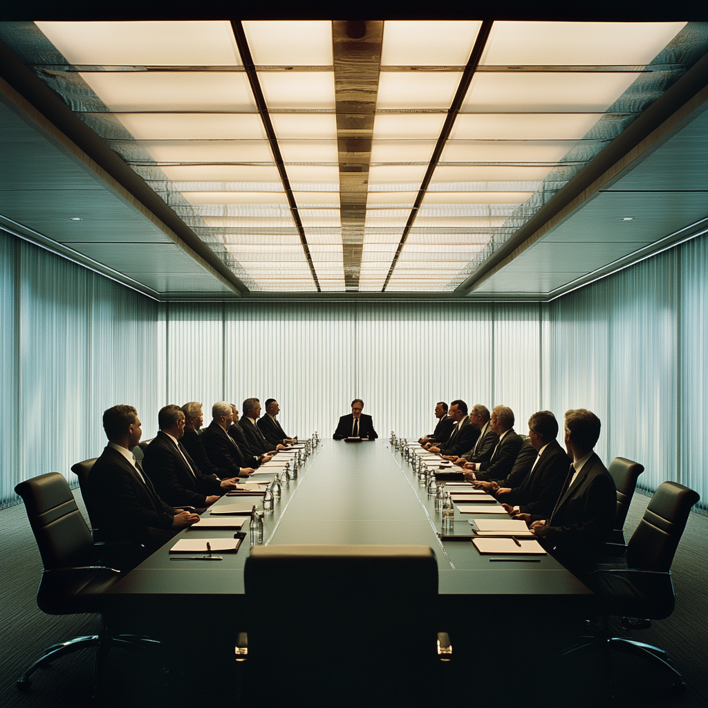 Well lit boardroom with executives in black suits.