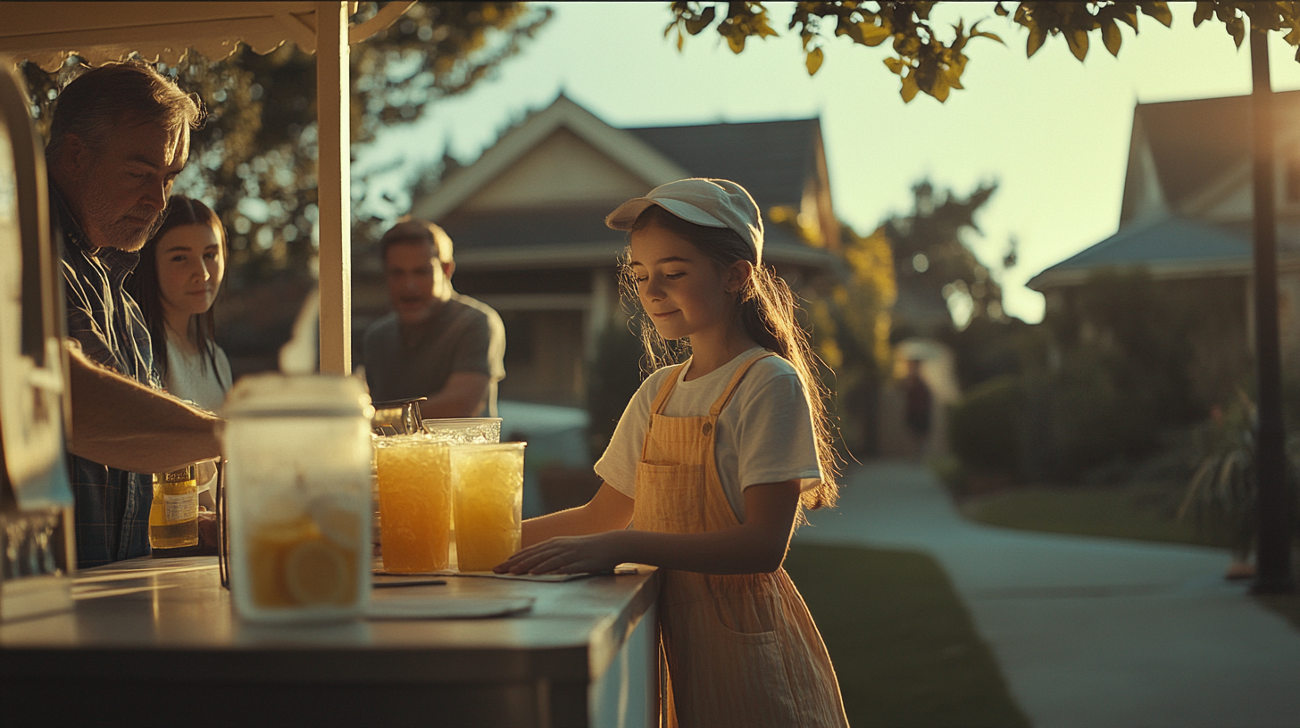 Wes Anderson style lemonade stand with young girl serving.