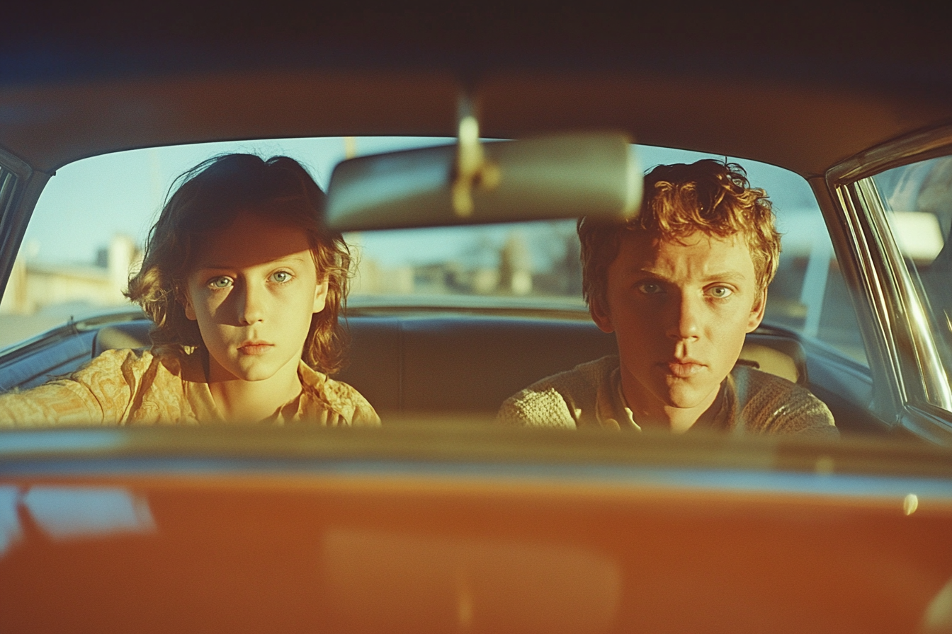 Wes Anderson-style shot of parents with son in car.