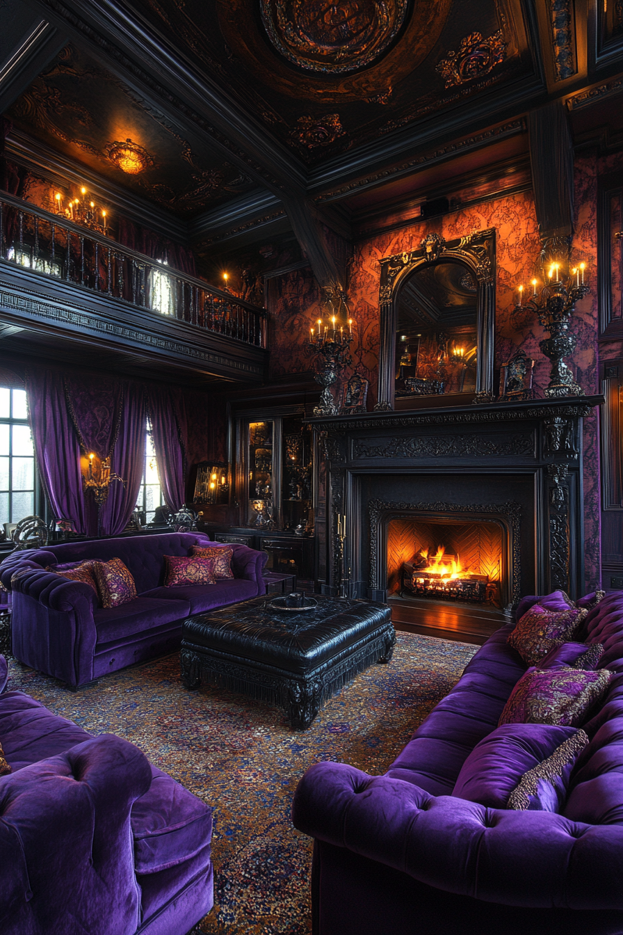 Western Gothic Living Room with Dark Colors and Luxurious Textures.