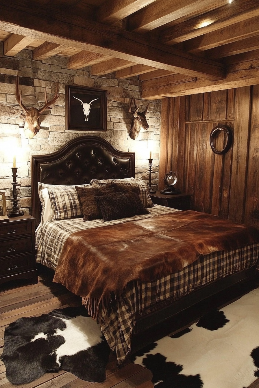 Western Gothic bedroom with mystical and rustic elements. Organized.