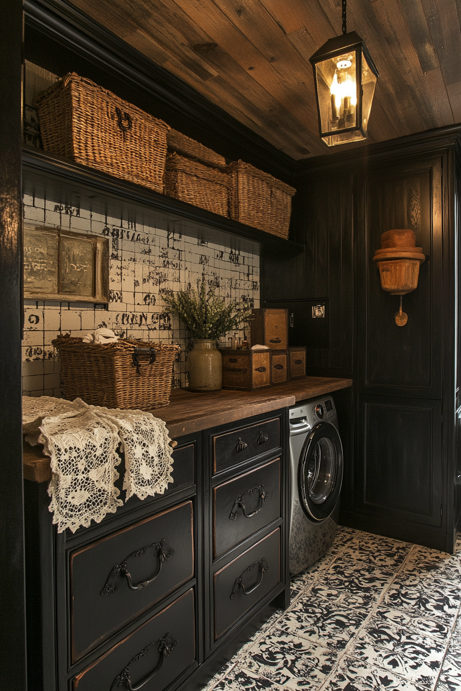 Western Gothic laundry room with leather and lace details