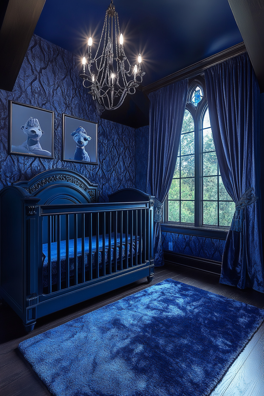 Western Gothic nursery inspired by Sapphire Sanctum, regal environment