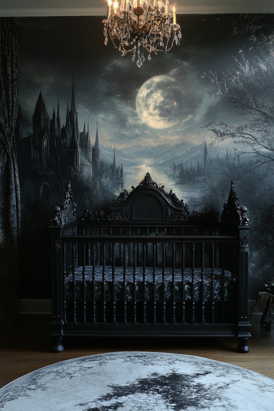 Western Gothic nursery with Midnight Murals theme, black crib.