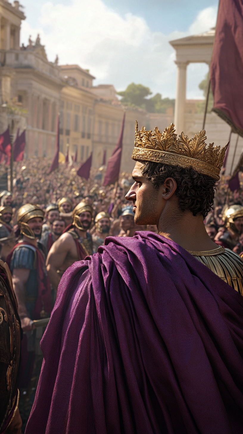 Western Roman rulers in triumphal parade, golden laurel crowns.