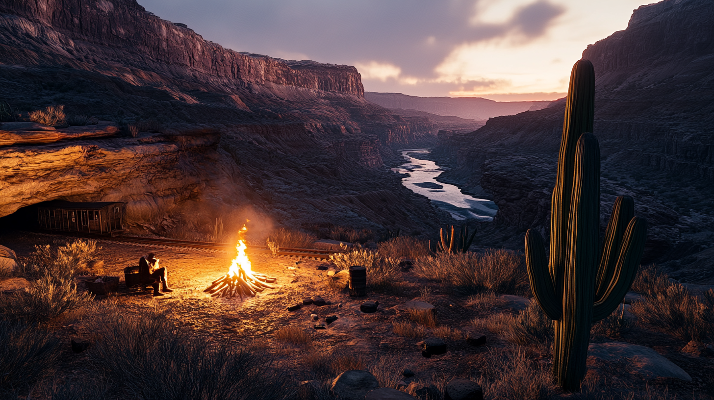 Western campfire scene at dawn, with cactus and lantern.