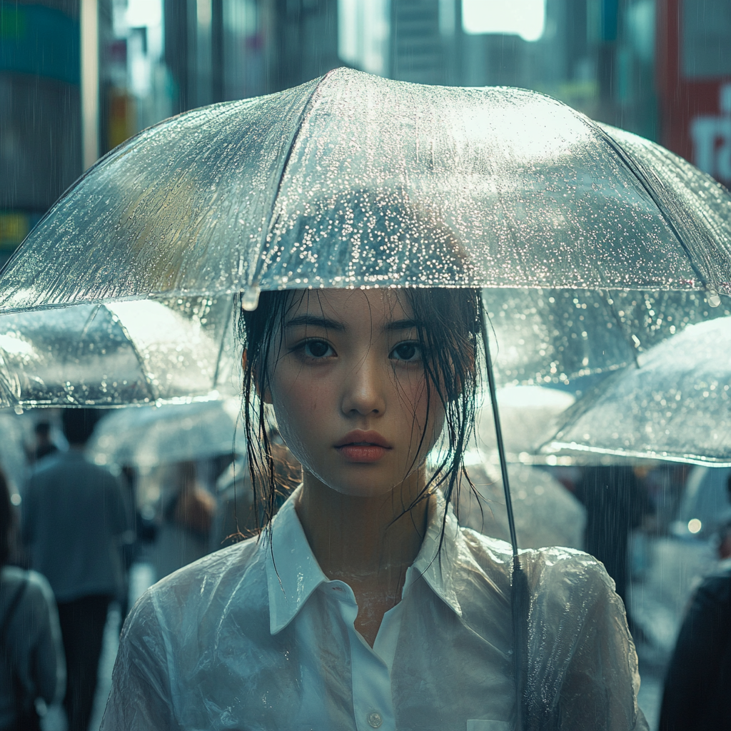 Wet Japanese woman in Tokyo's busy morning rain