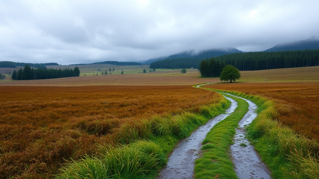 Wet field with a trail, rainy scenery.