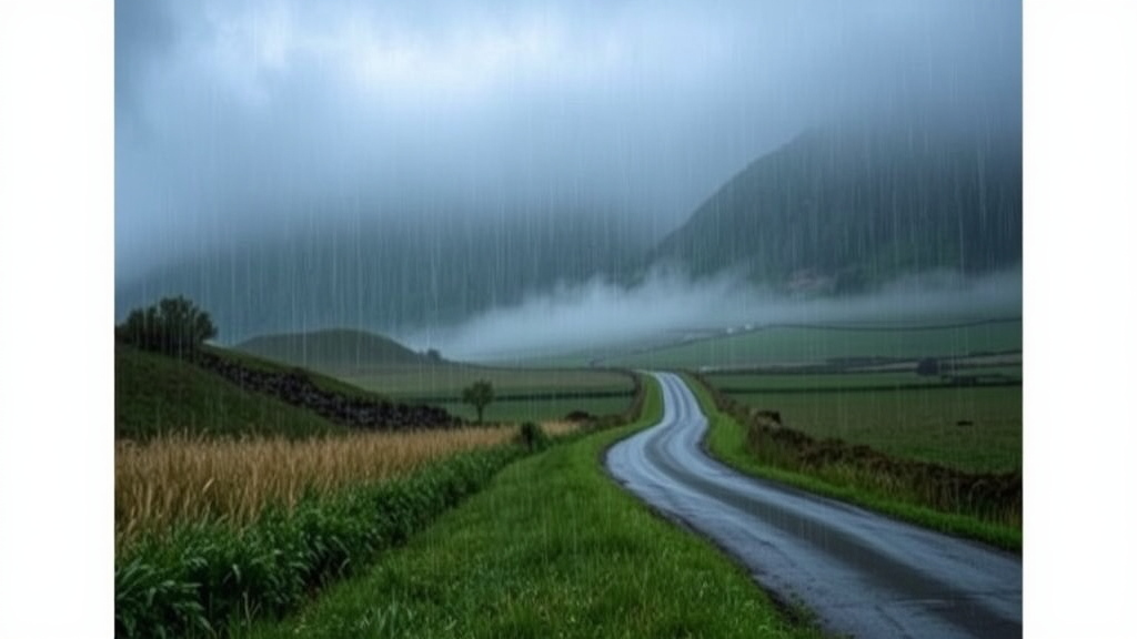 Wet road cutting through rainy nature scenery.