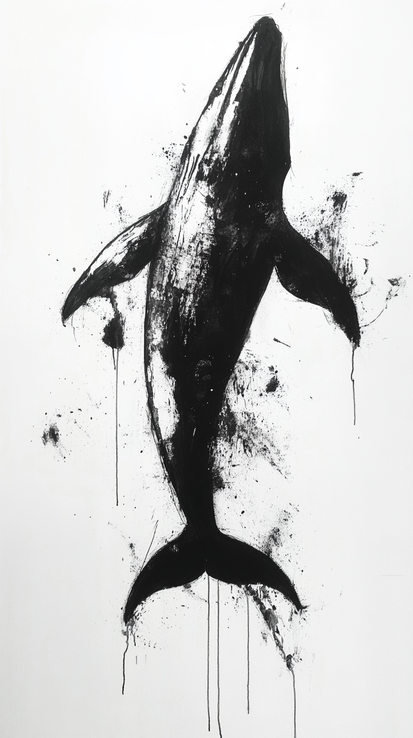 Whale drawn in abstract style with black ink.