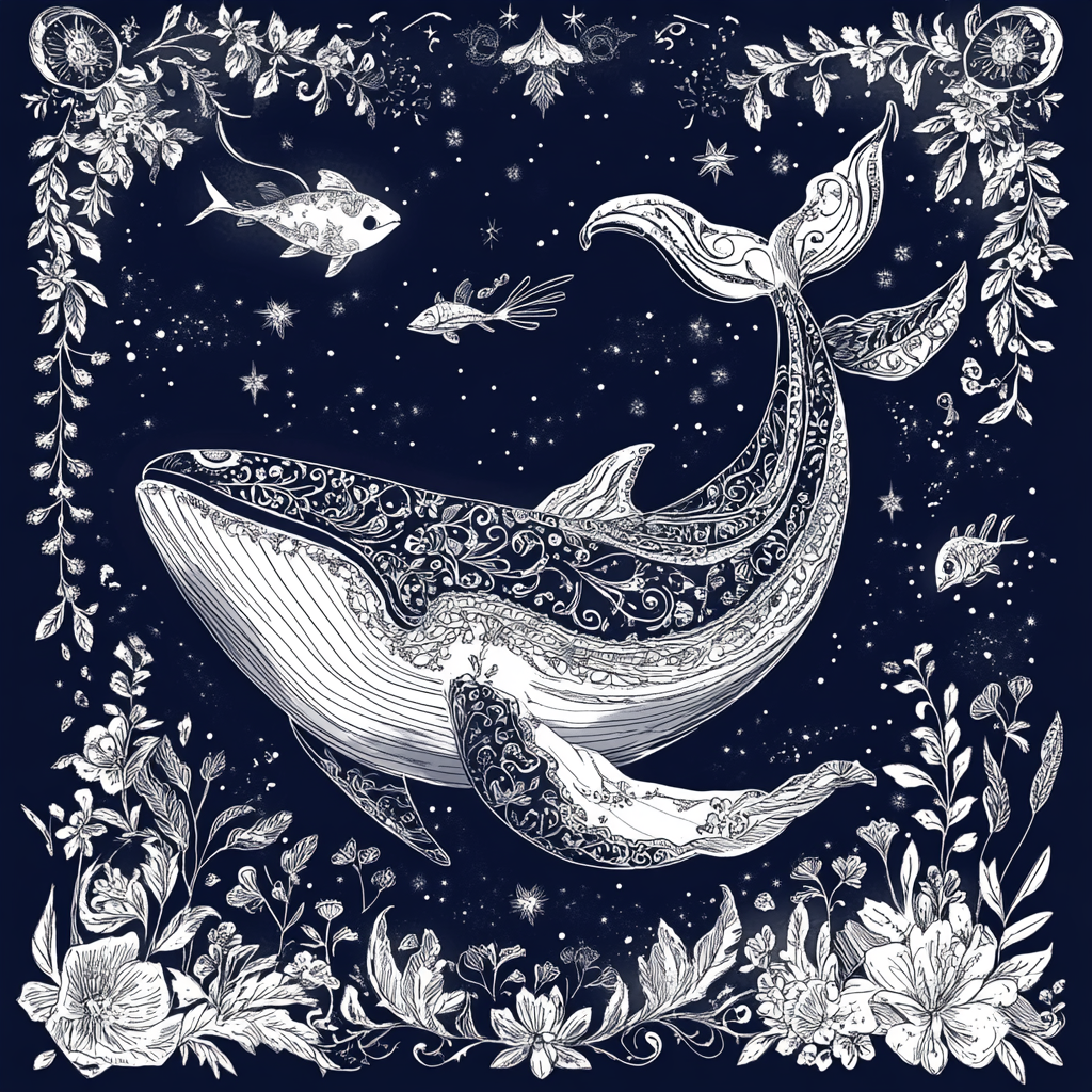 Whale in Starry Night: Stylized Fantasy Artwork