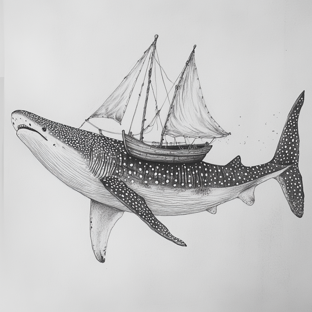 Whale shark with boat sail on its back.