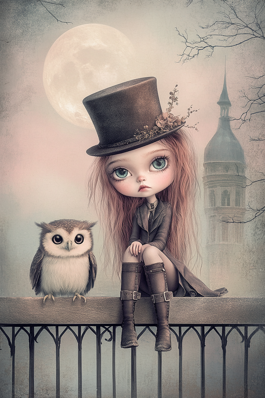 Whimsical, gothic, kawaii art scene with cute girl.