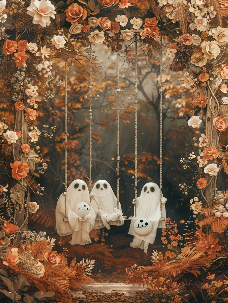 Whimsical Cute Ghosts on Swing in Enchanted Forest