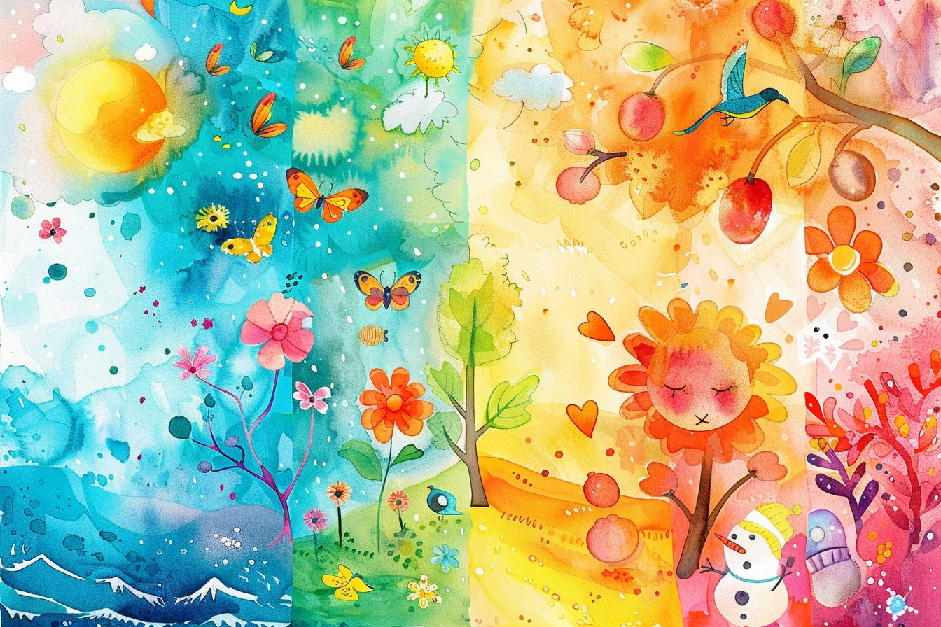 Whimsical Four Seasons Watercolor Illustration for Children