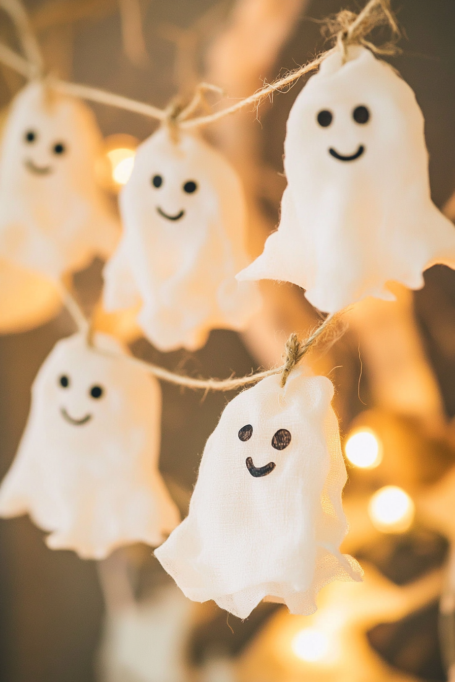 Whimsical Ghost Garland Decorated Space with Cute Ghost Cutouts