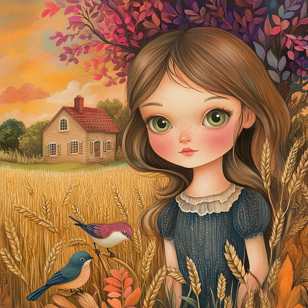 Whimsical Girl Picking Wheat in Country Sunset