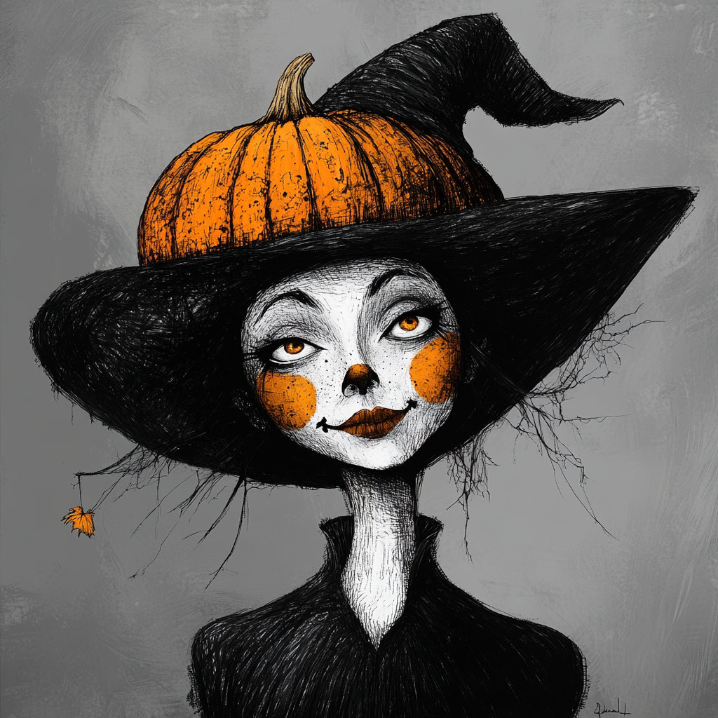 Whimsical Halloween character portrait with pumpkin hat