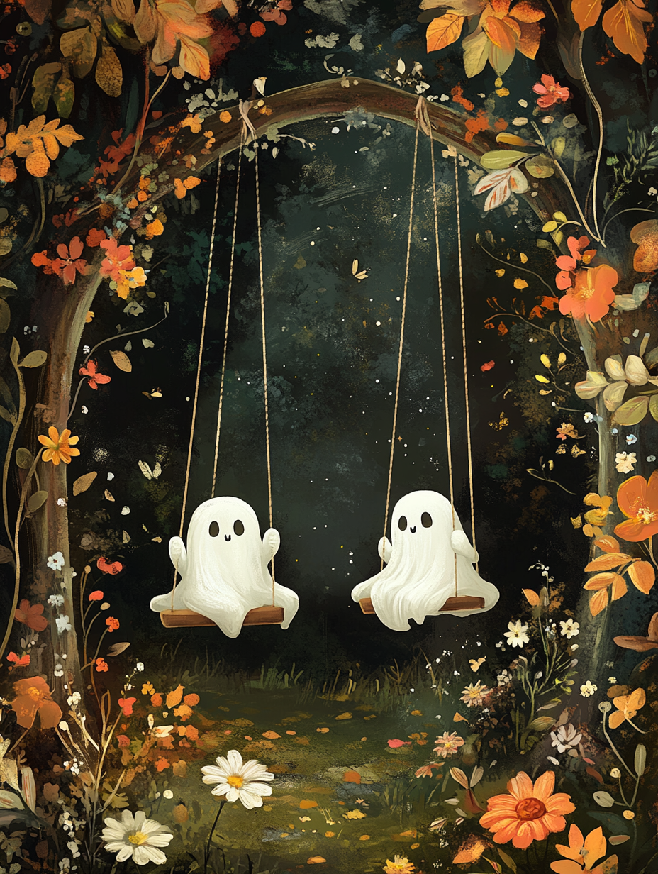 Whimsical Illustration: White Ghosts on Swing in Enchanted Forest