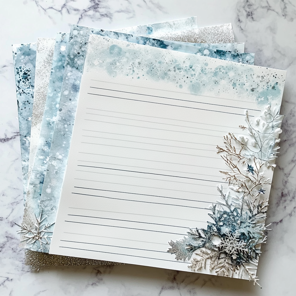 Whimsical Snowflake Border on Lined Stationery Sheets