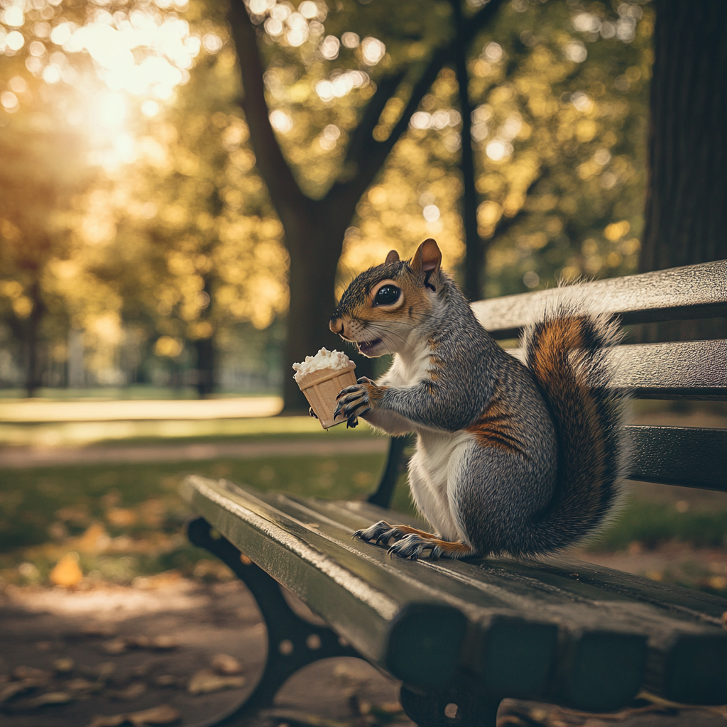 Whimsical Squirrel Eating Ice Cream in Park