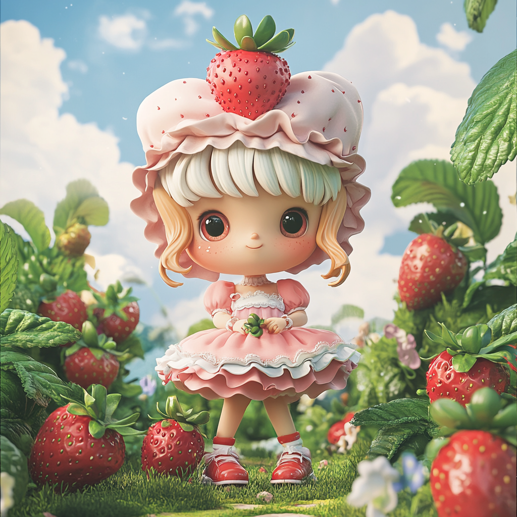 Whimsical Strawberry Shortcake character in colorful garden setting.