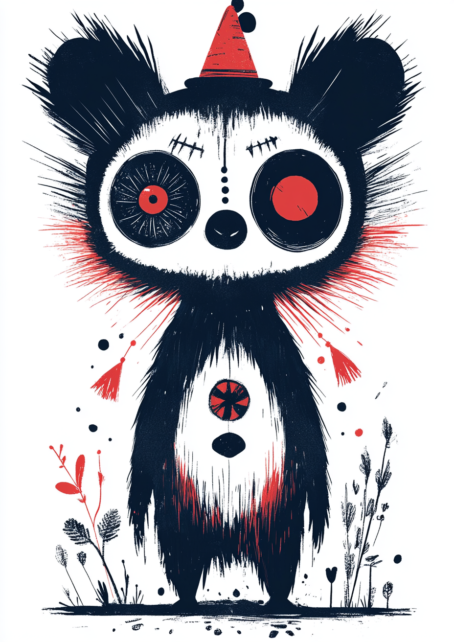 Whimsical Tim Burton-Inspired Monocular Panda Artwork