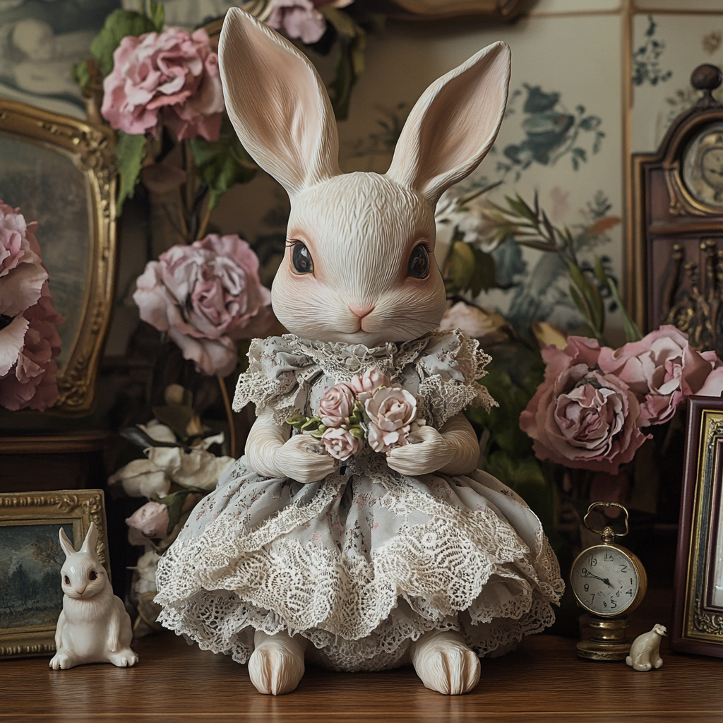 Whimsical Victorian Rabbit Figure Set with Enchanted Background