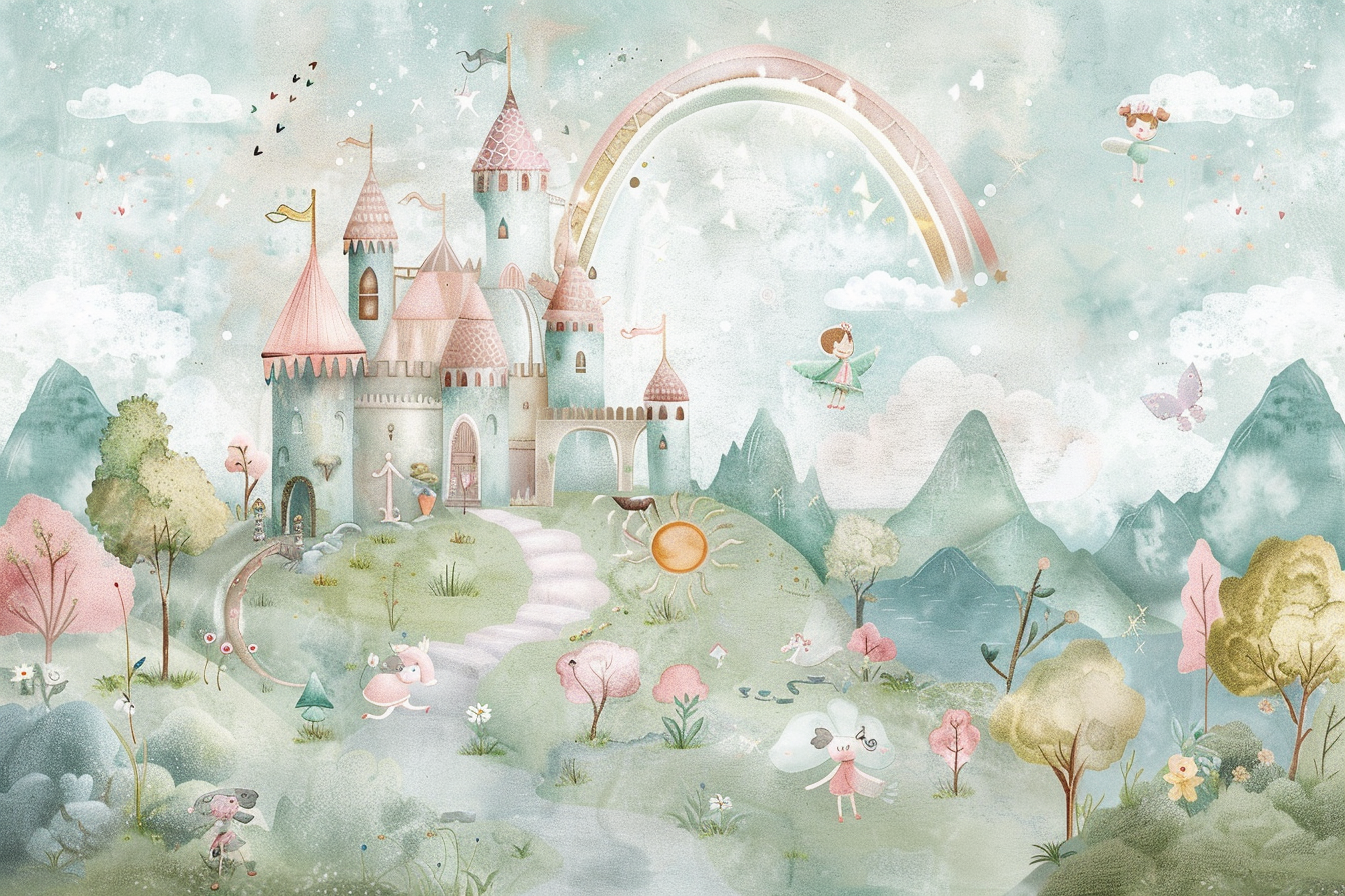 Whimsical Watercolor Mural: Magical Castle and Floating Islands