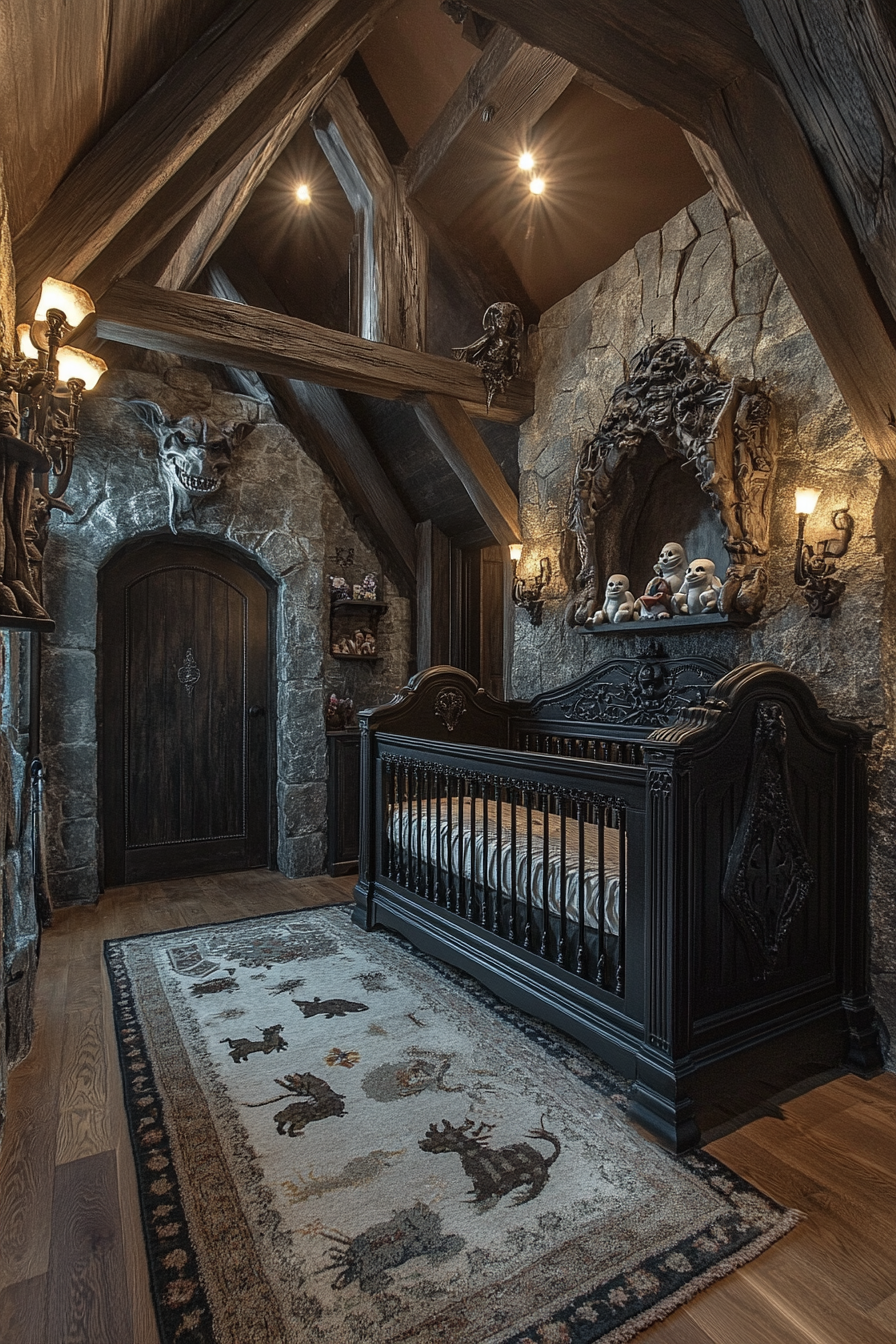 Whimsical Western Gothic nursery with playful gargoyle statues.