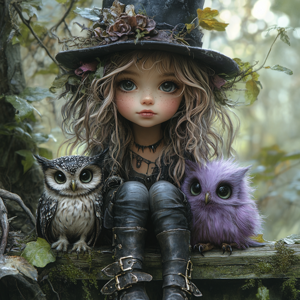 Whimsical art scene with cute girl and fluffy owl.