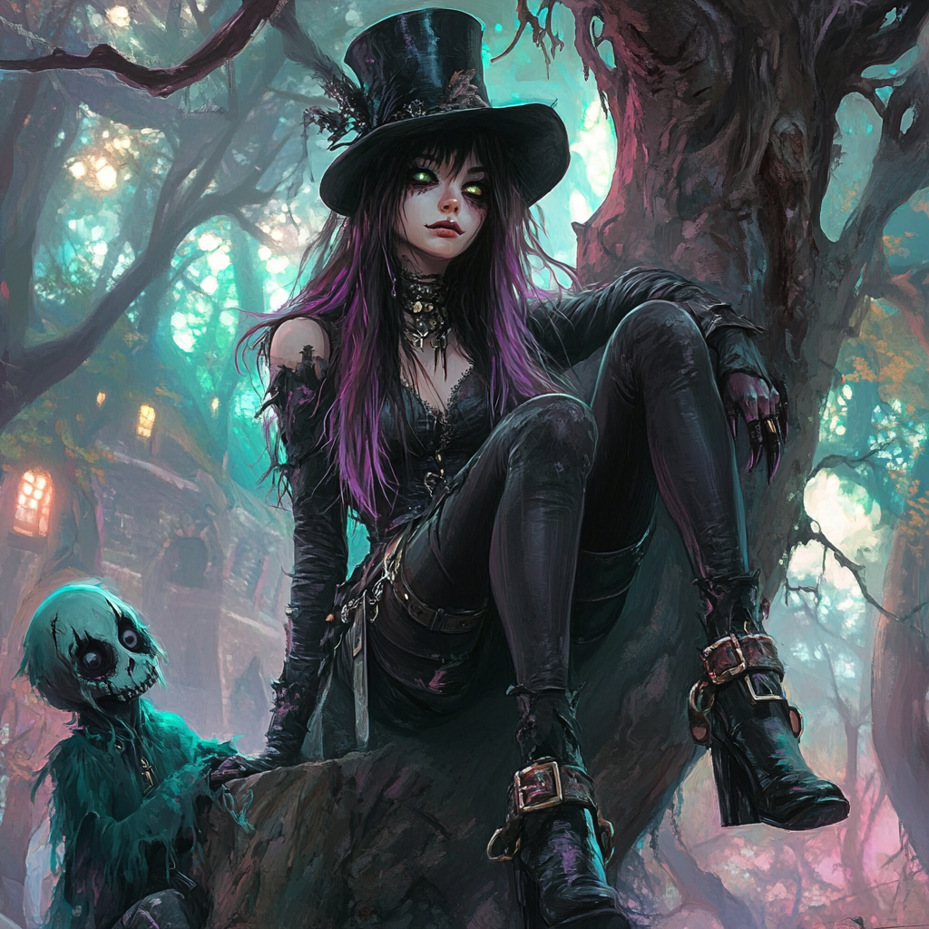 Whimsical art scene with spooky character and ghoul.